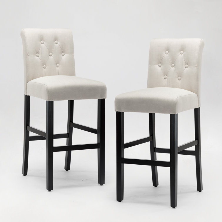 Beige Linen Upholstered Bar Stools with Black Wood Legs, Set of 2