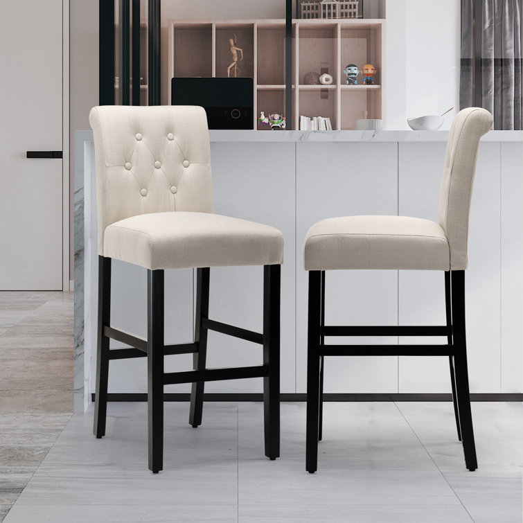 Beige Linen Upholstered Bar Stools with Black Wood Legs, Set of 2