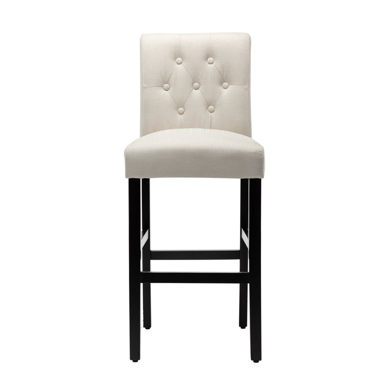 Beige Linen Upholstered Bar Stools with Black Wood Legs, Set of 2