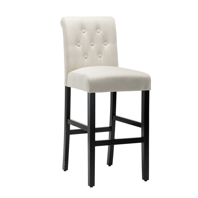 Beige Linen Upholstered Bar Stools with Black Wood Legs, Set of 2