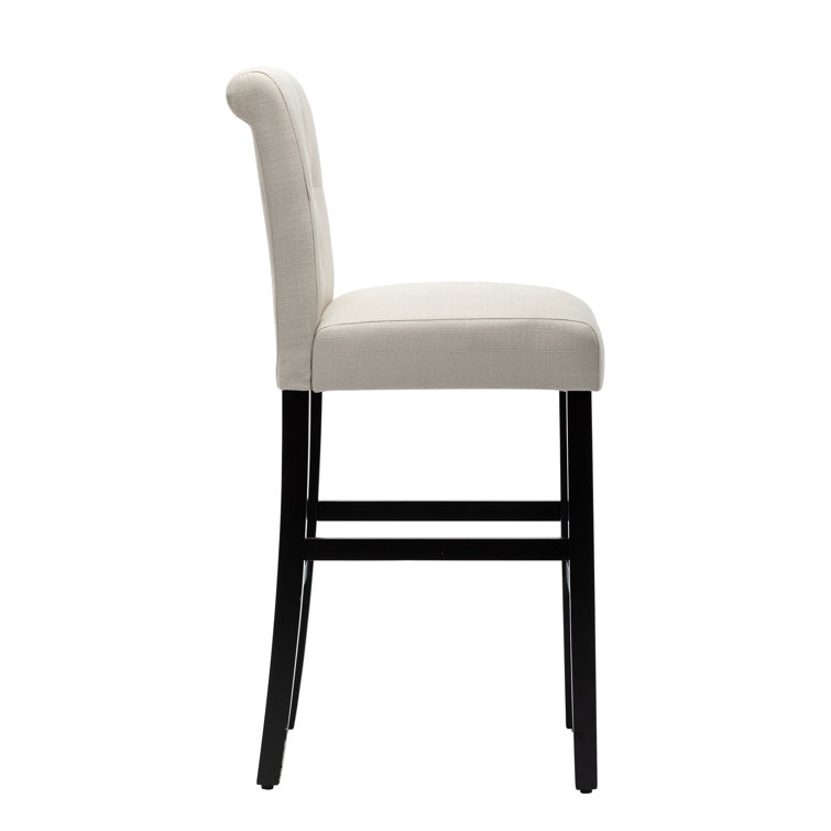 Beige Linen Upholstered Bar Stools with Black Wood Legs, Set of 2