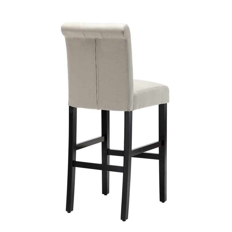 Beige Linen Upholstered Bar Stools with Black Wood Legs, Set of 2