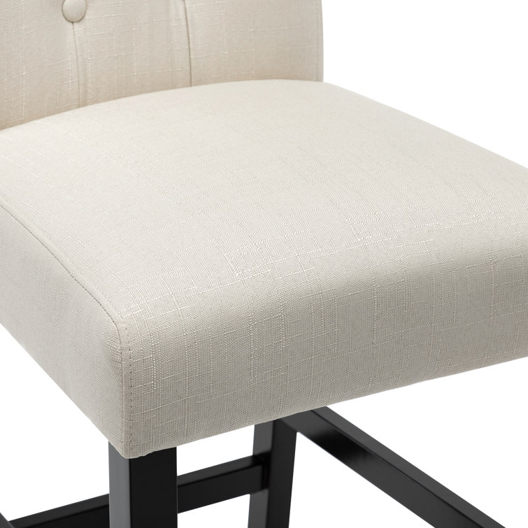 Beige Linen Upholstered Bar Stools with Black Wood Legs, Set of 2