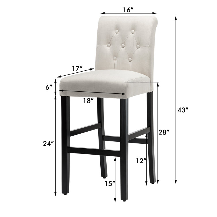 Beige Linen Upholstered Bar Stools with Black Wood Legs, Set of 2