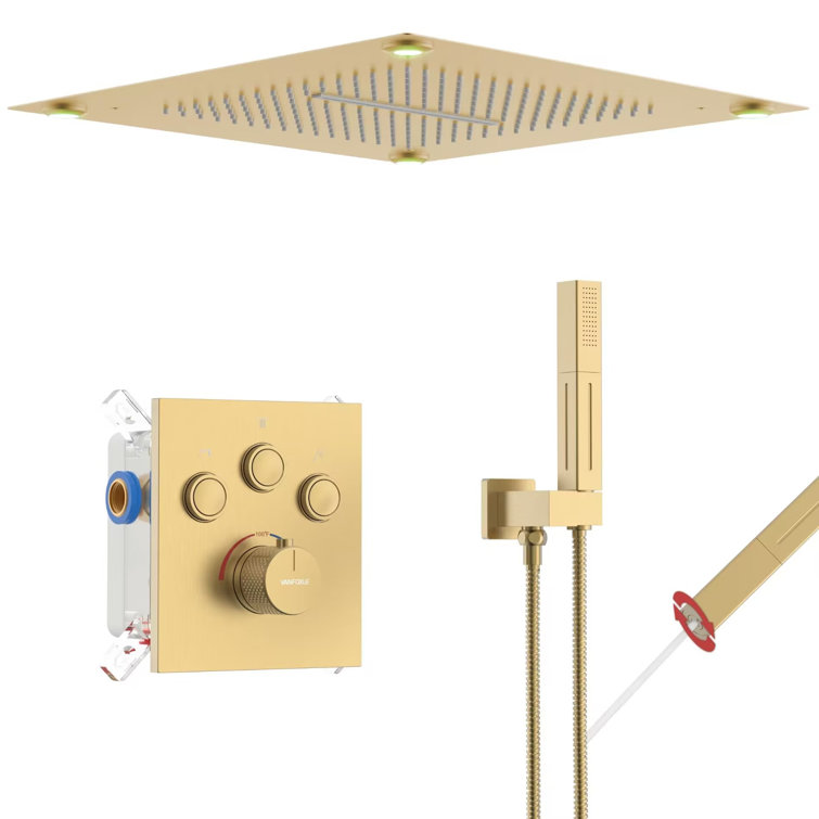 Brushed Gold Thermostatic LED Ceiling Mounted Shower System
