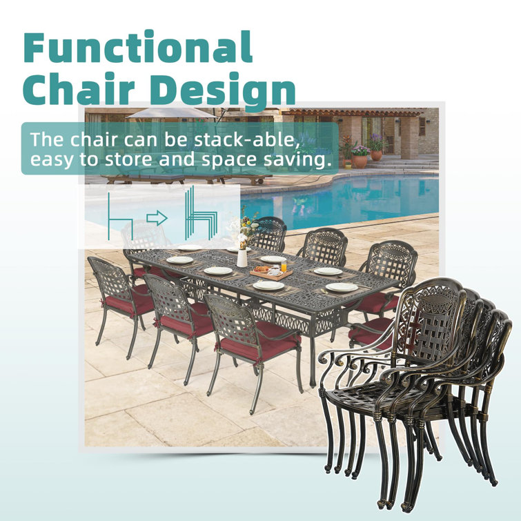 Antique Bronze 9-Piece Cast Aluminum Patio Dining Set with Red Cushions