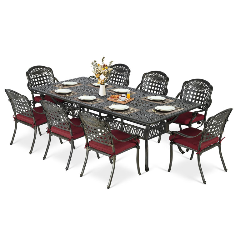 Antique Bronze 9-Piece Cast Aluminum Patio Dining Set with Red Cushions