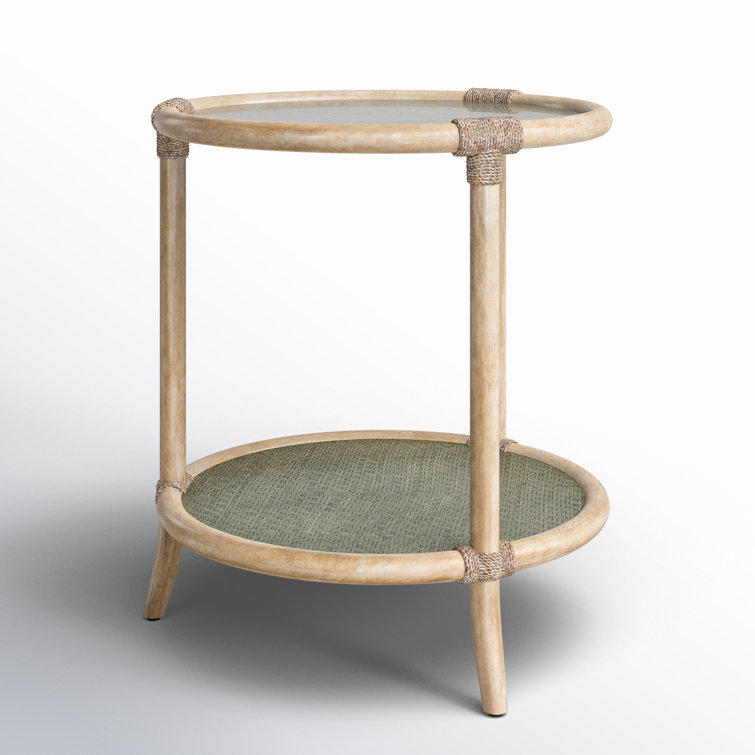 Round Beige and Green Wood and Glass Coastal End Table