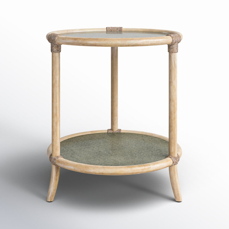 Round Beige and Green Wood and Glass Coastal End Table