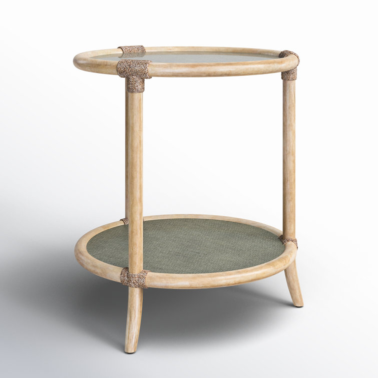 Round Beige and Green Wood and Glass Coastal End Table