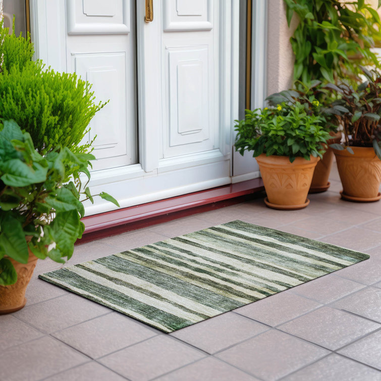 Sage Green Striped Washable Indoor/Outdoor Rug 20" x 30"