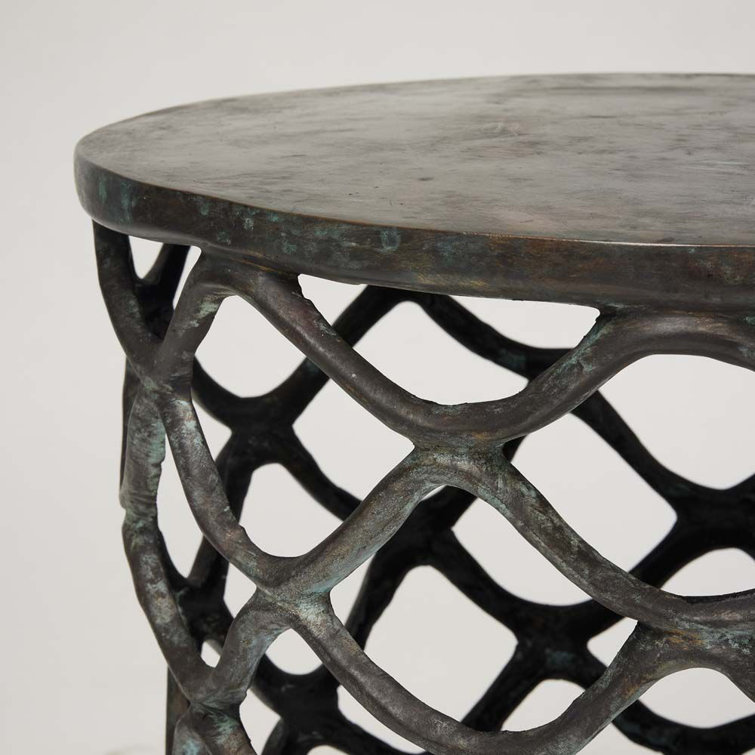 Antique Brass Round Metal Lattice Accent Table