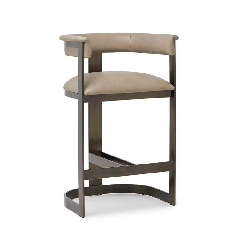 Taupe Leather and Bronze Metal Bar Stool