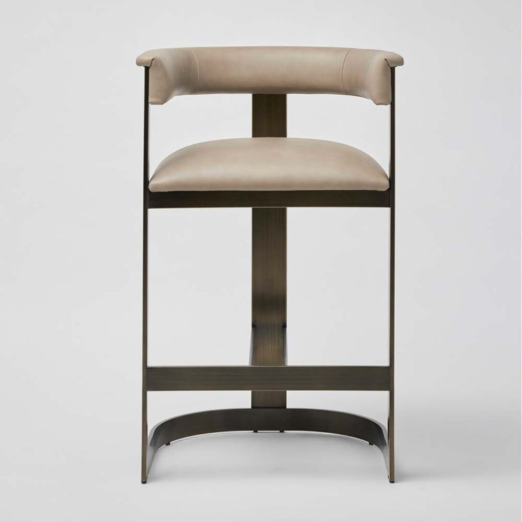 Taupe Leather and Bronze Metal Bar Stool