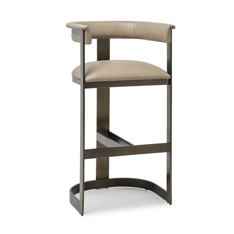 Taupe Leather and Bronze Metal Bar Stool