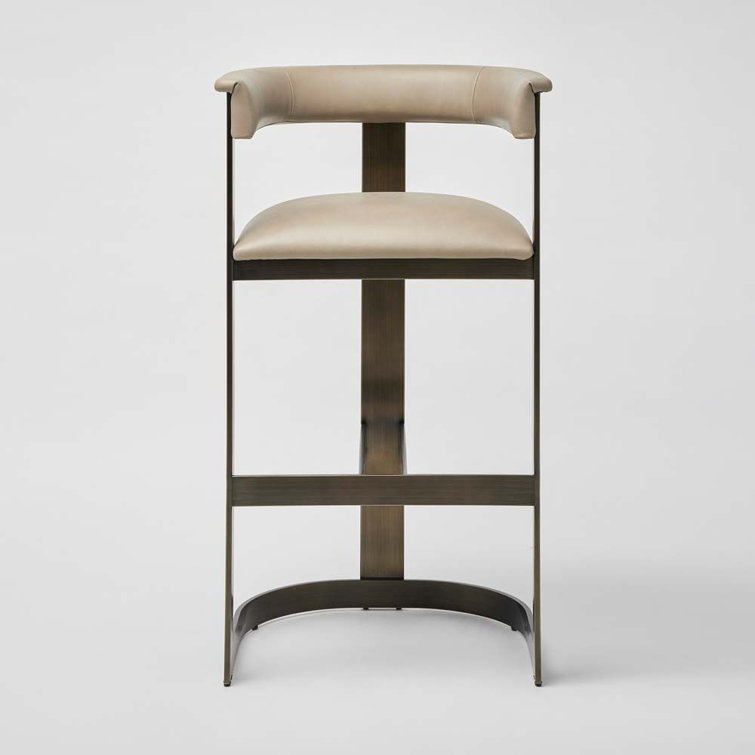 Taupe Leather and Bronze Metal Bar Stool