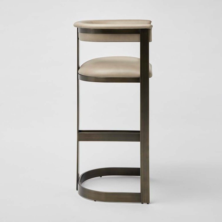 Taupe Leather and Bronze Metal Bar Stool
