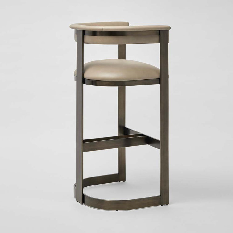 Taupe Leather and Bronze Metal Bar Stool
