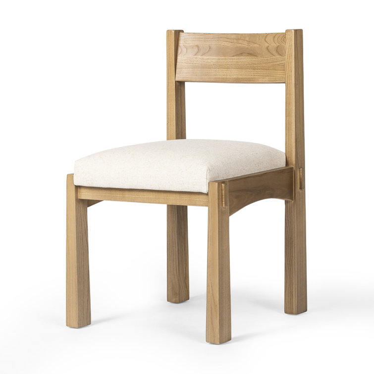 Natural Light Brown Solid Wood Dining Chair with Linen Upholstery