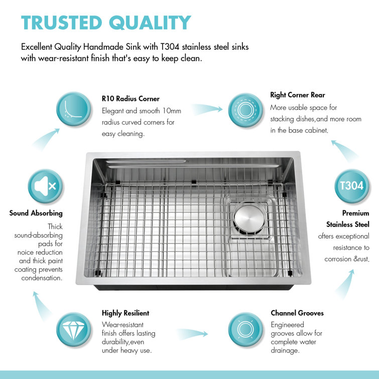 Akicon AK-U3019WSF 28'' L Undermount Single Bowl Stainless Steel Kitchen Sink