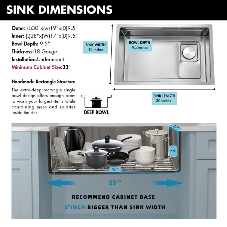 Akicon AK-U3019WSF 28'' L Undermount Single Bowl Stainless Steel Kitchen Sink
