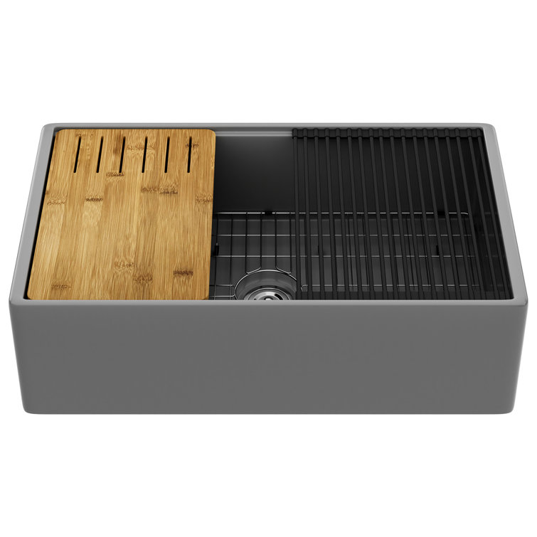 Matte Gray 33-Inch Fireclay Farmhouse Kitchen Sink with Workstation