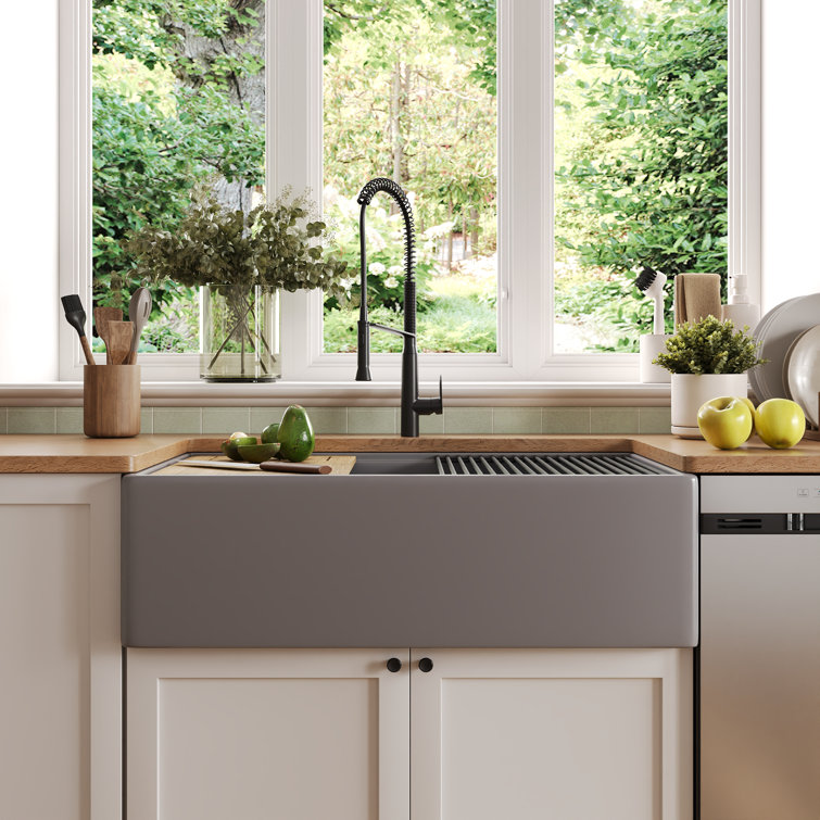 Matte Gray 33-Inch Fireclay Farmhouse Kitchen Sink with Workstation