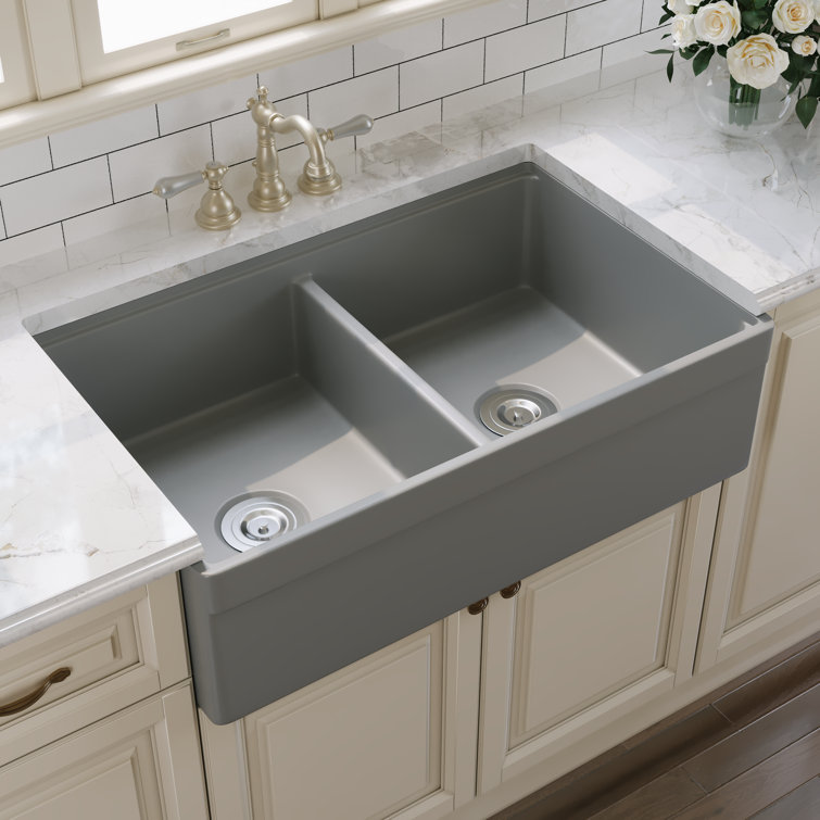 33" Matte Gray Fireclay Double Bowl Farmhouse Sink with Accessories