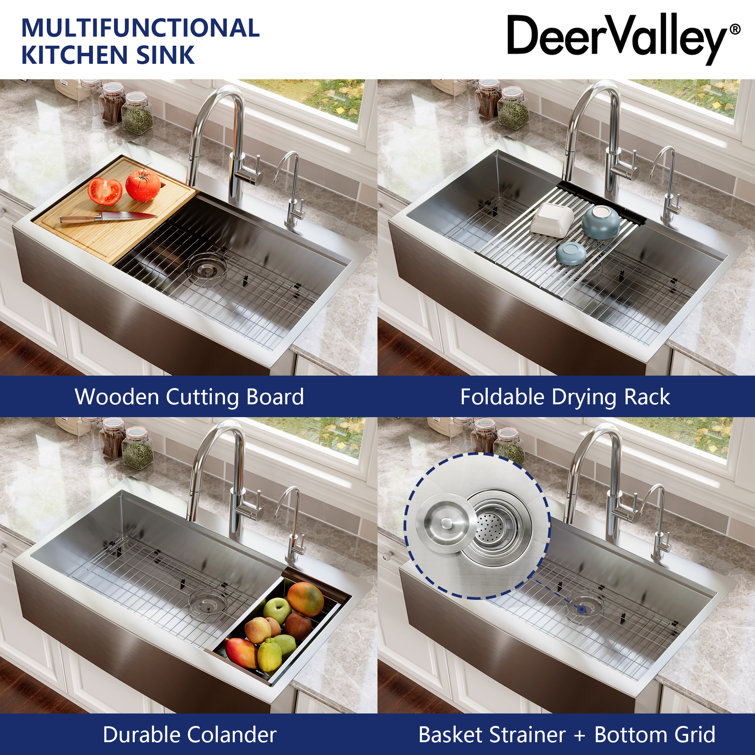 33" Stainless Steel Farmhouse Single Bowl Workstation Sink