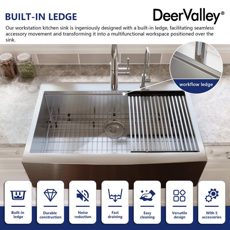 33" Stainless Steel Farmhouse Single Bowl Workstation Sink