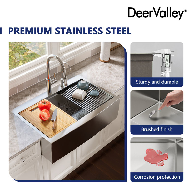 33" Stainless Steel Farmhouse Single Bowl Workstation Sink