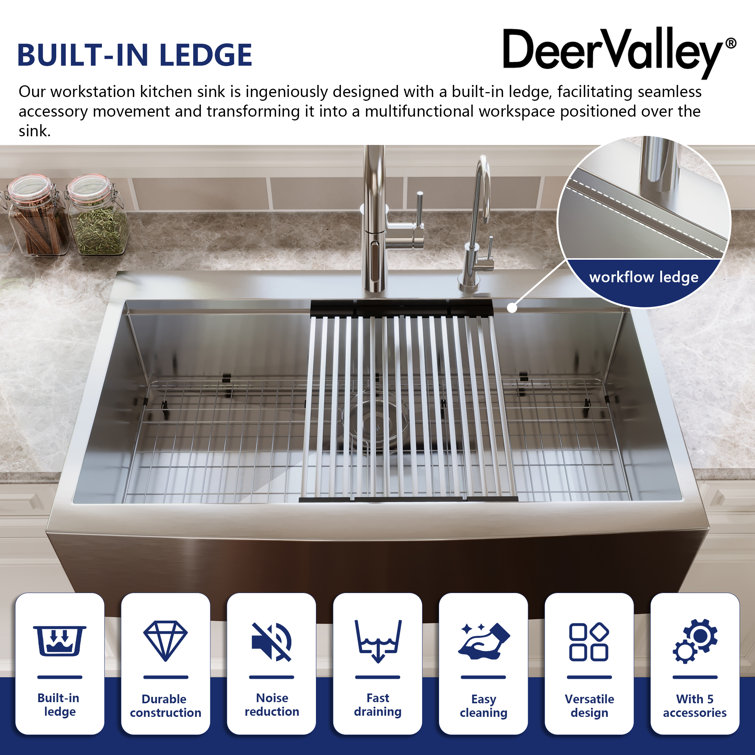 36" Stainless Steel Farmhouse Single Bowl Workstation Sink