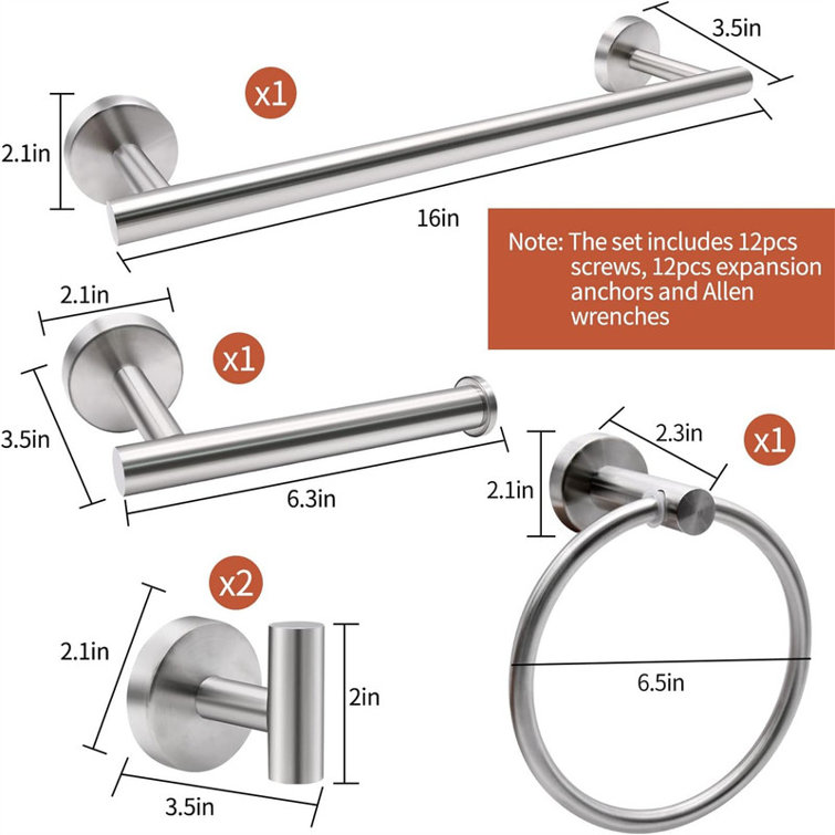 Brushed Nickel 5-Piece Bathroom Hardware Set with Towel Bar and Hooks