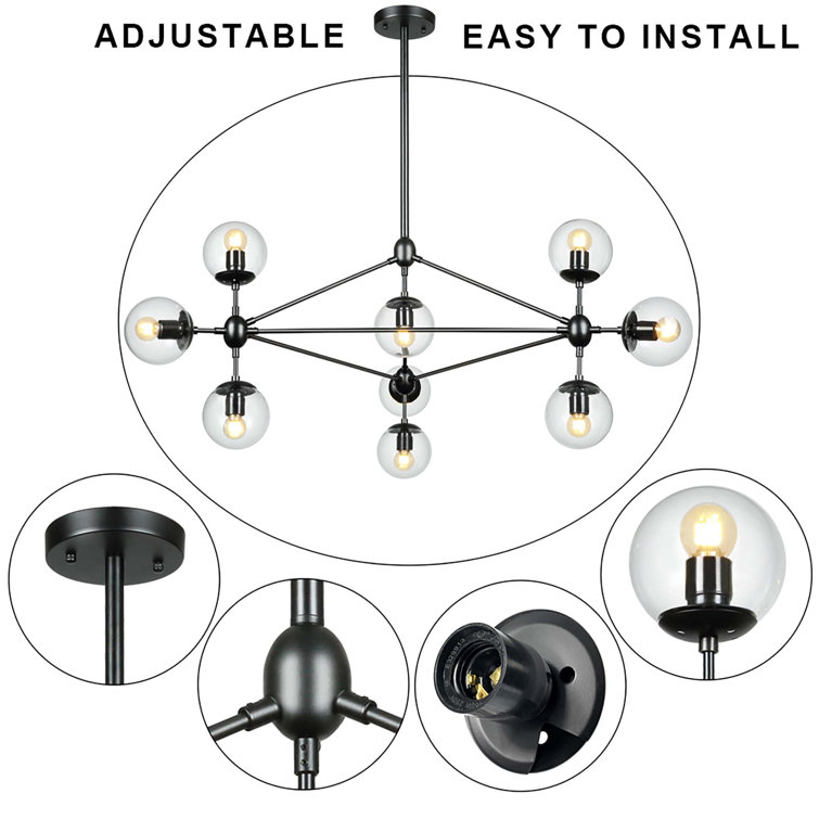 Black 10-Light Sputnik Chandelier with Glass Globe Shades