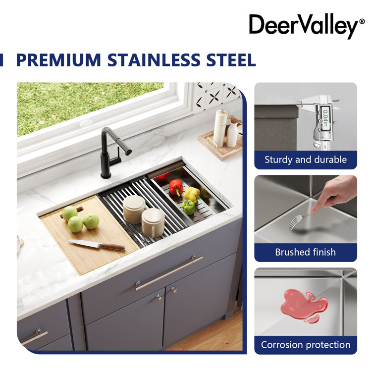 33" Stainless Steel Single Bowl Undermount Workstation Kitchen Sink