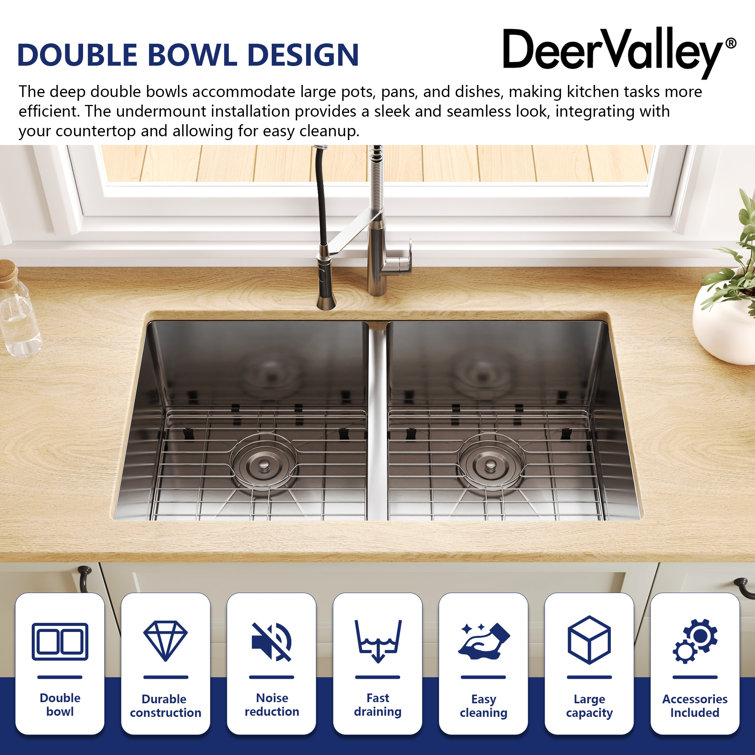 DeerValley 33'' Stainless Steel Double Bowl Undermount Kitchen Sink