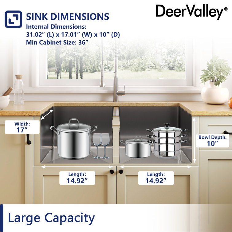 DeerValley 33'' Stainless Steel Double Bowl Undermount Kitchen Sink