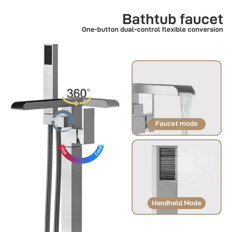 Brushed Nickel Freestanding Bathtub Faucet with Waterfall Spout