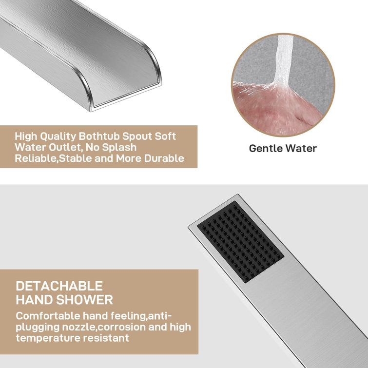 Brushed Nickel Freestanding Bathtub Faucet with Waterfall Spout