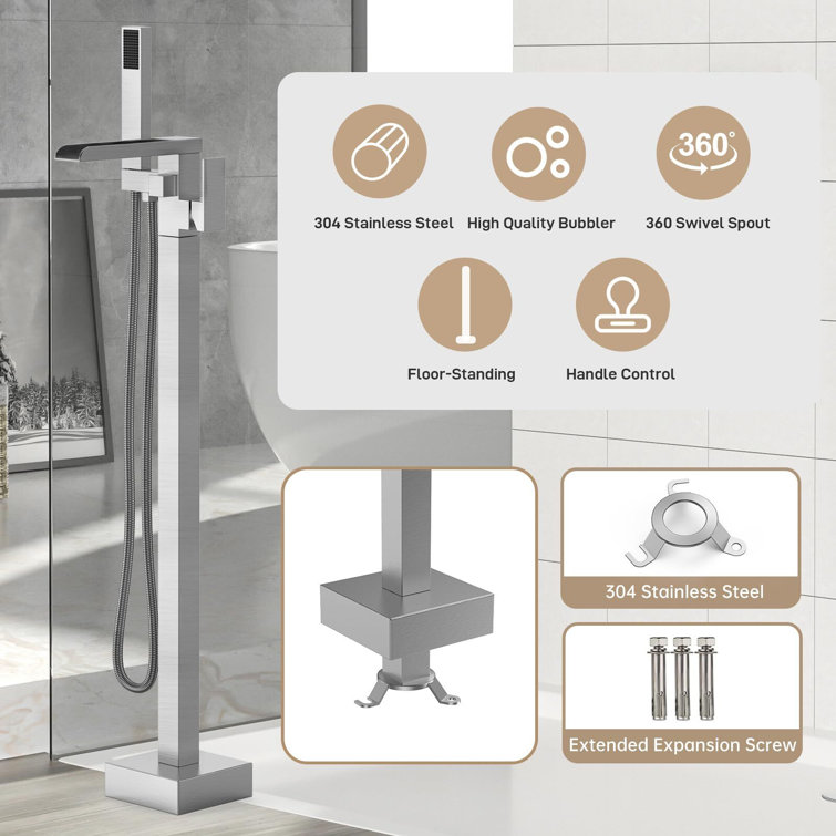 Brushed Nickel Freestanding Bathtub Faucet with Waterfall Spout