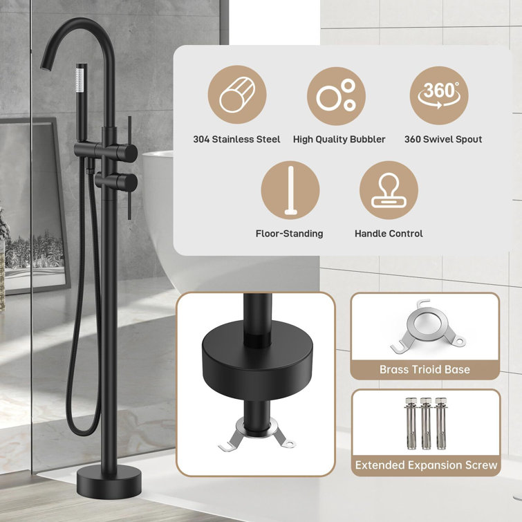 Matte Black Brass Freestanding Tub Filler with Handheld Shower