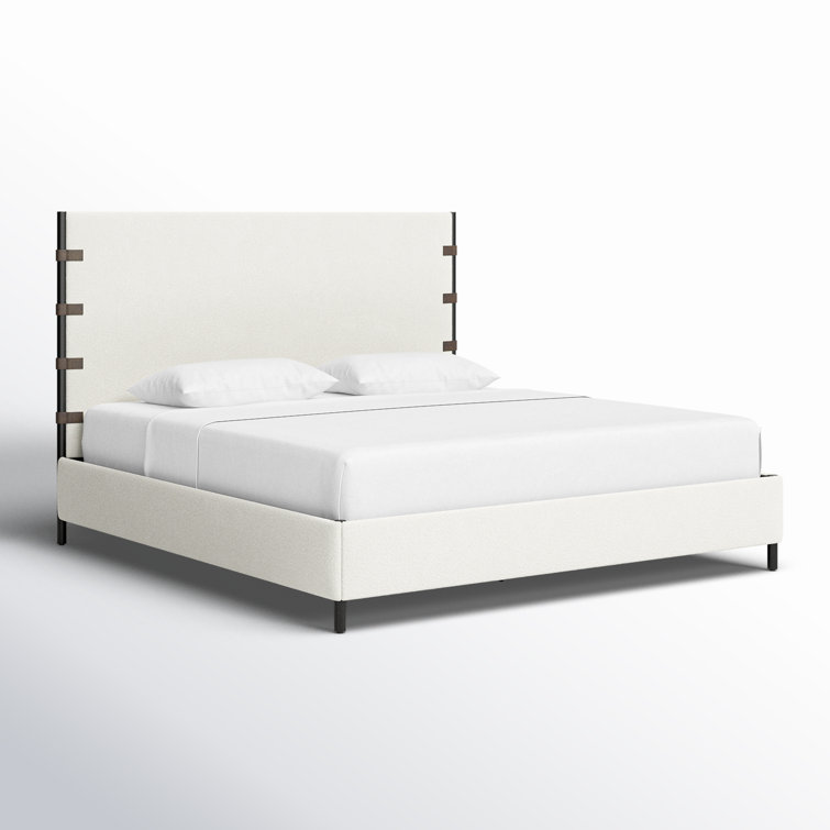 King Cream Upholstered Metal Frame Bed with Faux Leather Straps