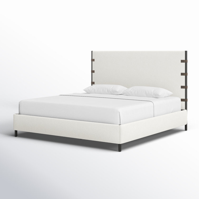 King Cream Upholstered Metal Frame Bed with Faux Leather Straps