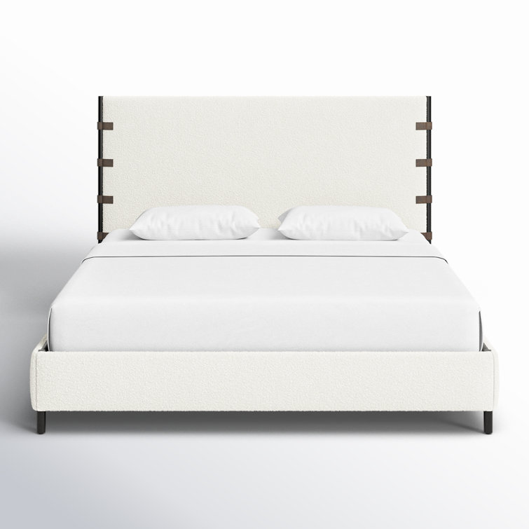 King Cream Upholstered Metal Frame Bed with Faux Leather Straps