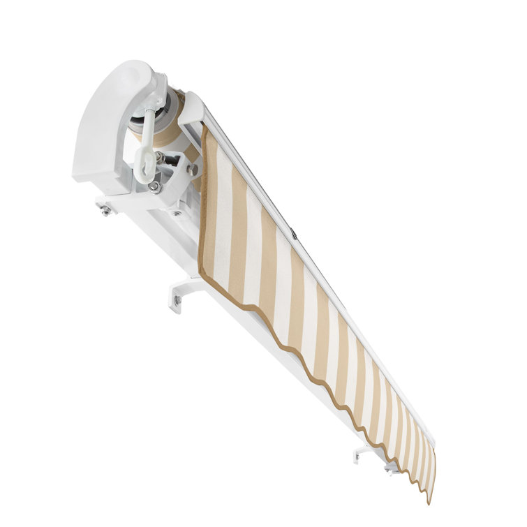 Linen and White Striped Retractable Patio Awning with Aluminum Frame