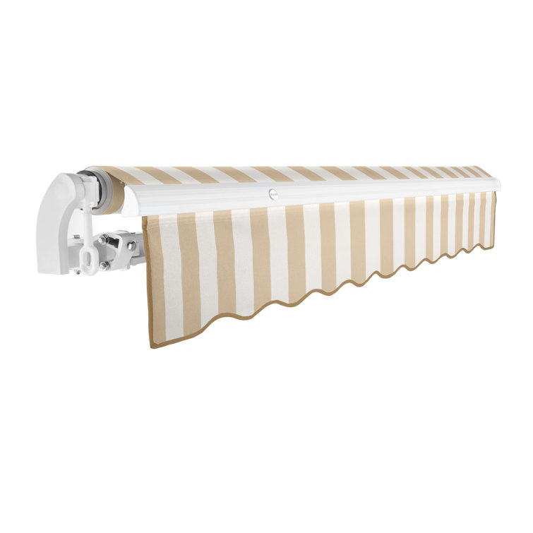 Linen and White Striped Retractable Patio Awning with Aluminum Frame