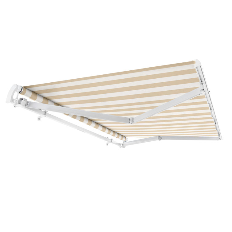 Linen and White Striped Retractable Patio Awning with Aluminum Frame