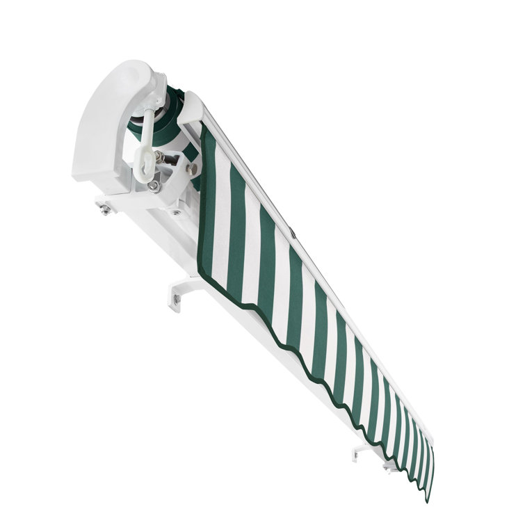 Forest Green and White Stripe Retractable Patio Awning with Aluminum Frame