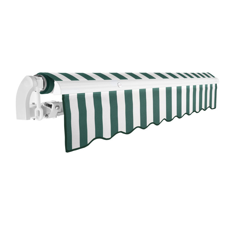 Forest Green and White Stripe Retractable Patio Awning with Aluminum Frame