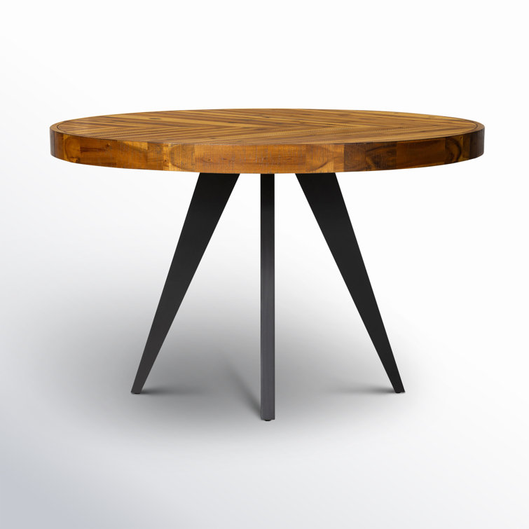 Rustic Acacia Wood Parquet Round Dining Table with Black Legs